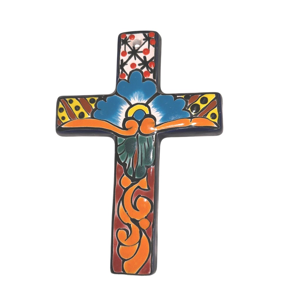 Talavera Mexican Pottery Wall Cross Hand Painted Floral J. GTZ Hecho en Mexico